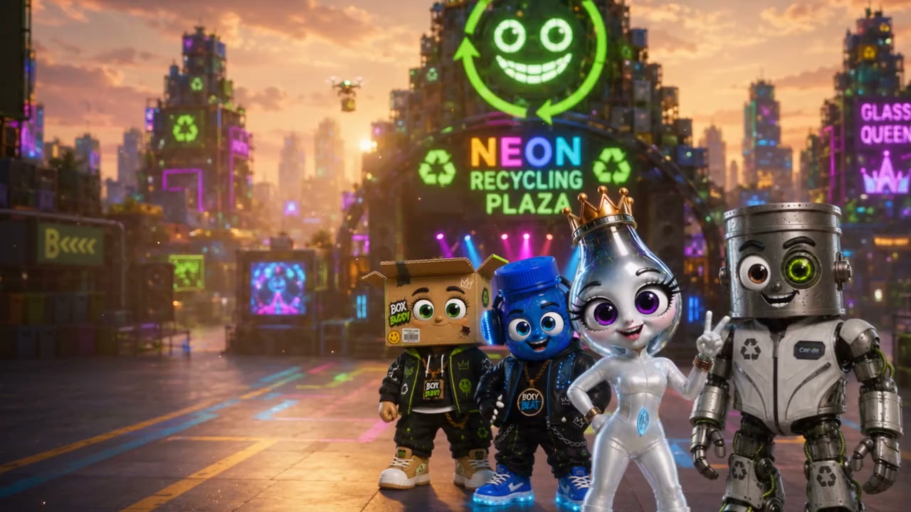 Glass Queen, Plasti DJ, Box Buddy and Can Du Rob welcome you to their neon-lit Trashland plaza